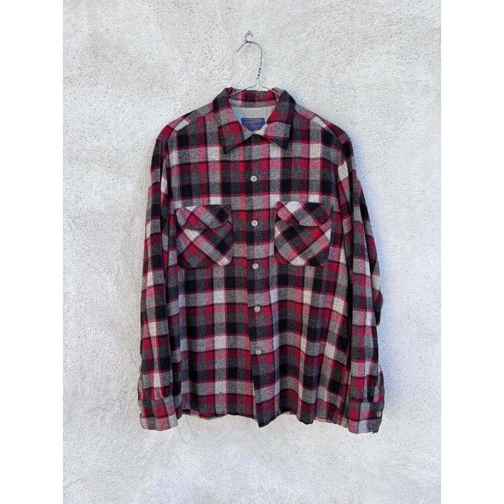 Vintage 1960s Pendleton Wool Flannel Board Shirt Mens M Shadow Plaid Long Sleeve